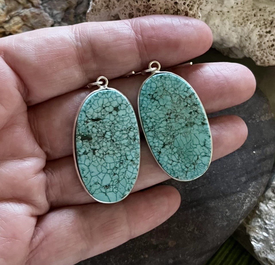 Large Oval Turquoise Gemstone Silver Earrings