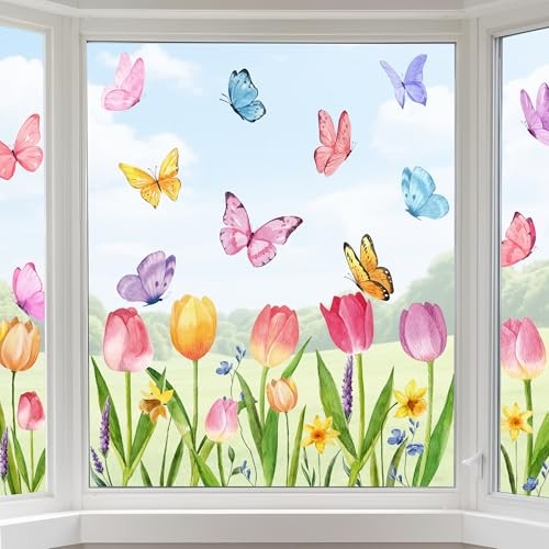 8 Sheets Spring Window Clings Large Watercolor Tulip Floral Double-Sided 