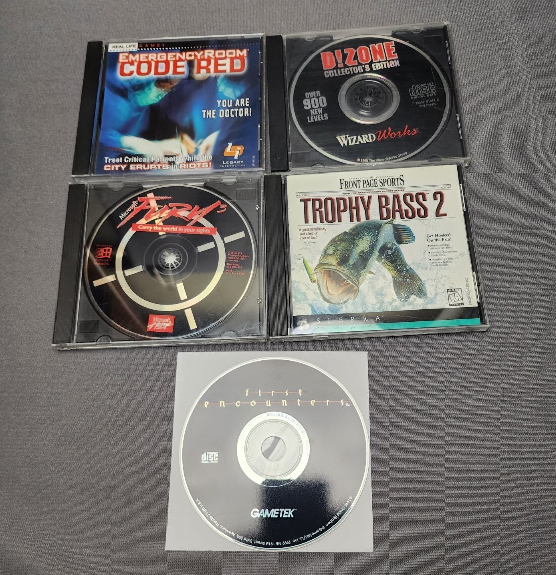 Vintage PC Games Lot of 5 Fury 3, D!Zone, Trophy Bass 2, Emergency Room Code Red