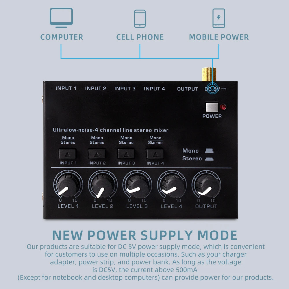 Audio Mixer Ultralow Noise 4 Channel Console DC5V for Electric Guitar Drum Piano