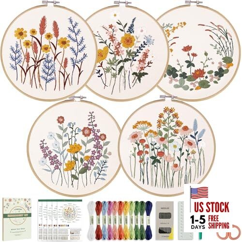  5 Pack Beginner Embroidery Kit for Adults, Easy to Learn Floral colorful