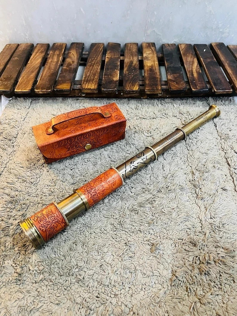 Vintage Brass Spyglass Telescope with Leather Case Nautical Pirate Gift Decor