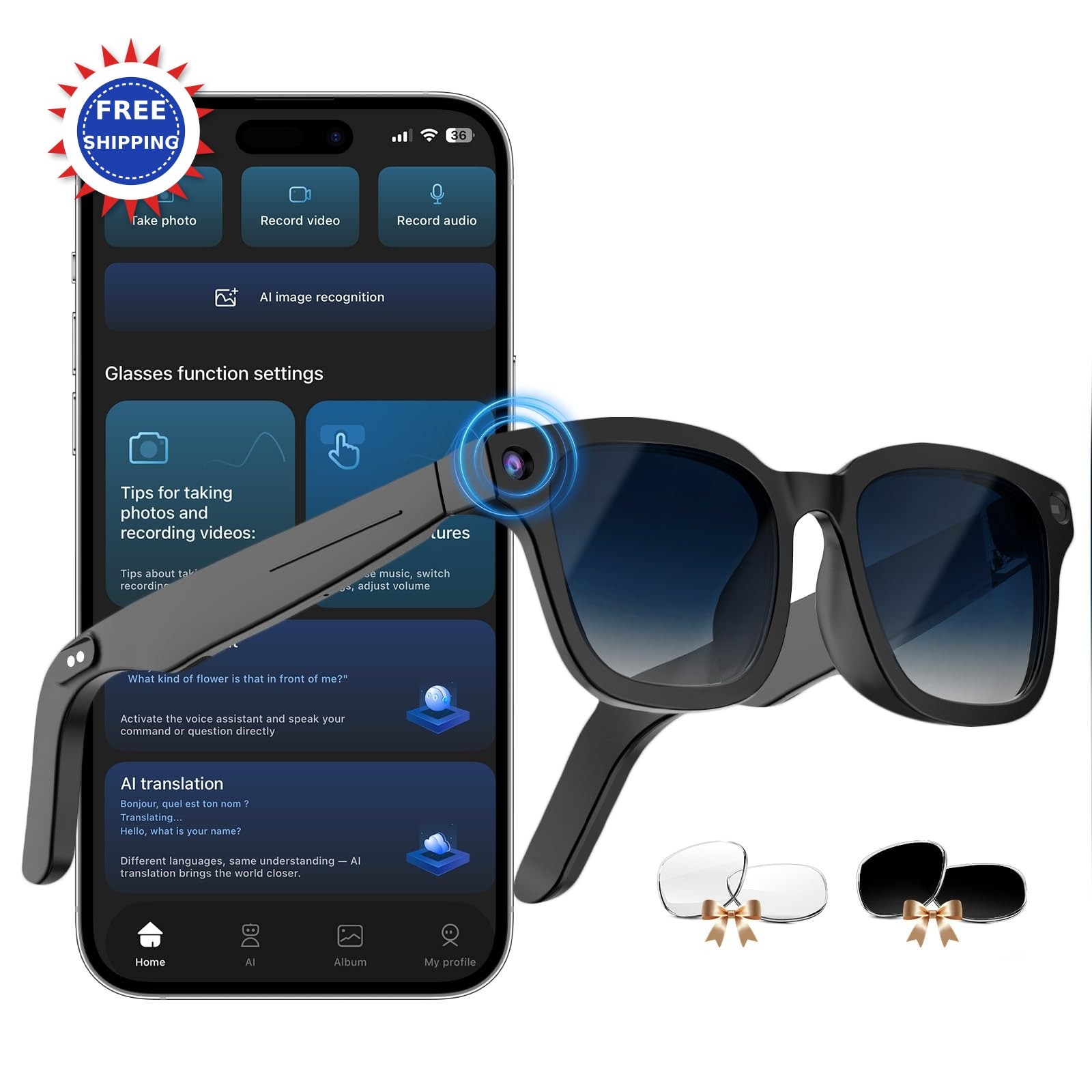 AI Smart Glasses Bluetooth Sunglasses 8MP Camera Translation 164 Languages Audio