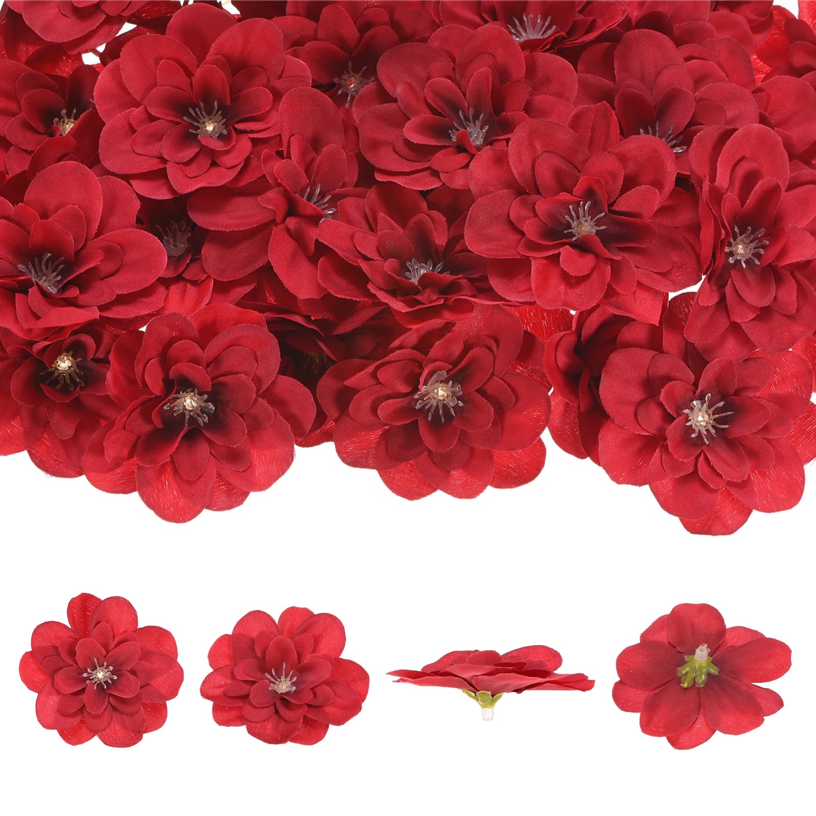 Artificial Flower Heads (2 Inch, Red) 100 PCS - Delphinium Silk Flowers