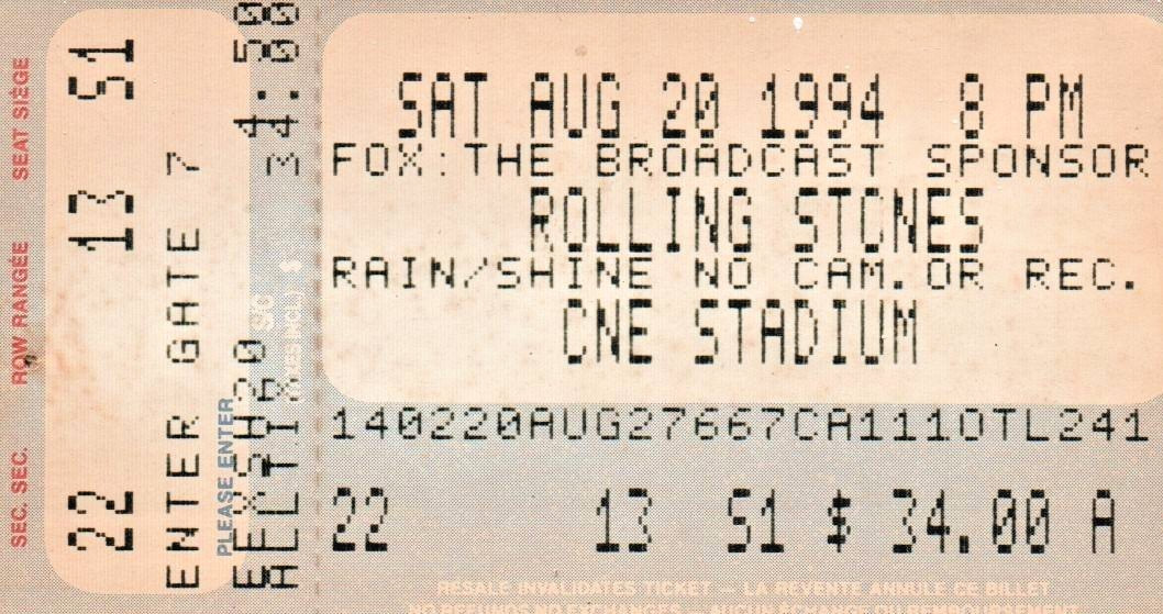 The Rolling Stones Original Concert Ticket Stub -1994 - CNE Toronto