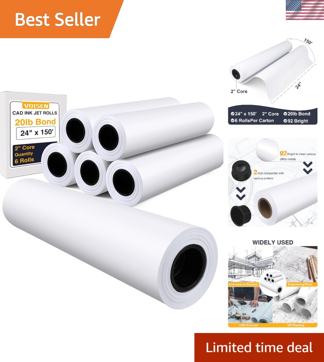 Vivid 92 Bright Uncoated CAD Bond Rolls, 6 Rolls of 24" x 150' for Professionals