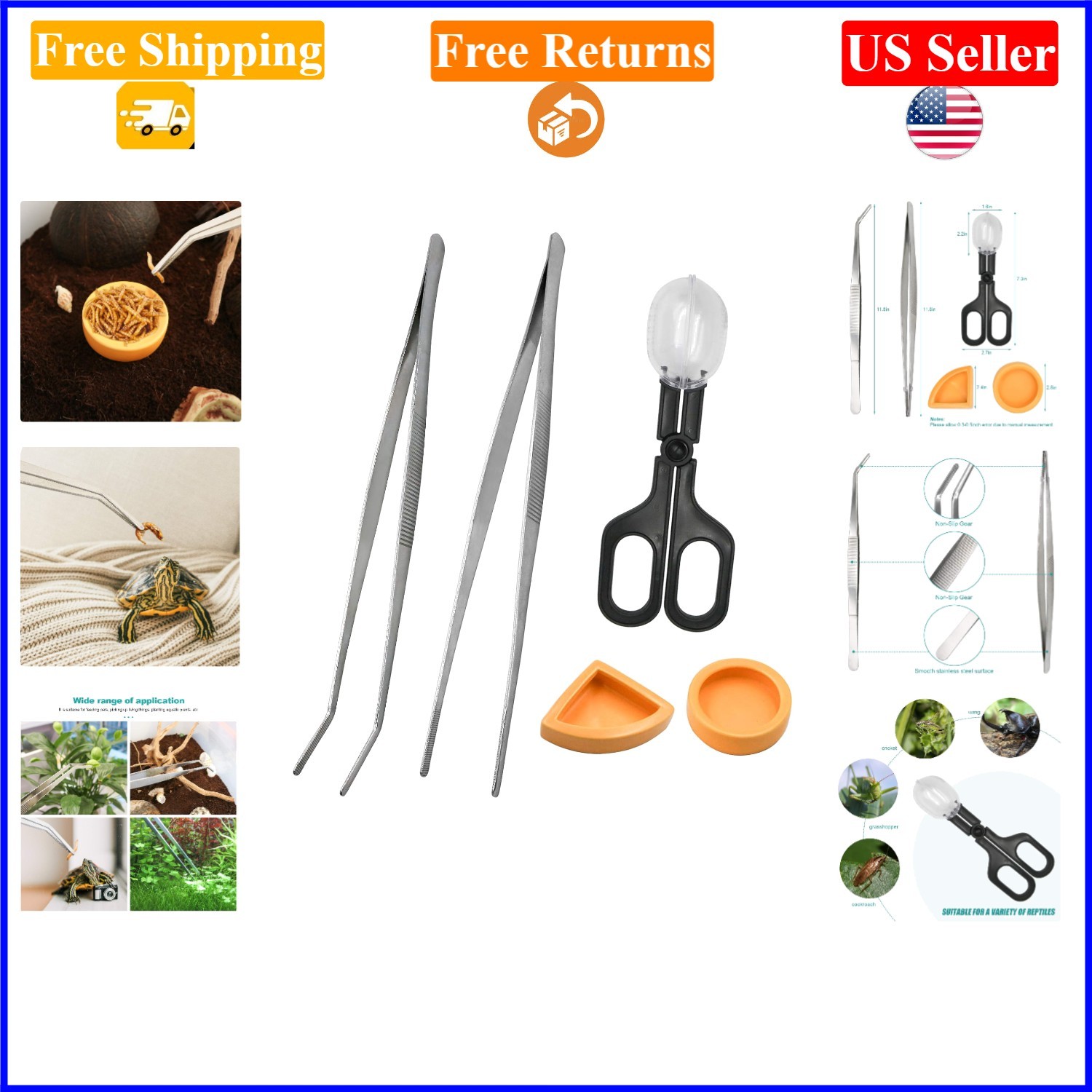 2 Pcs Stainless Steel Reptile & Fish Feeding Tongs and Clamp Set