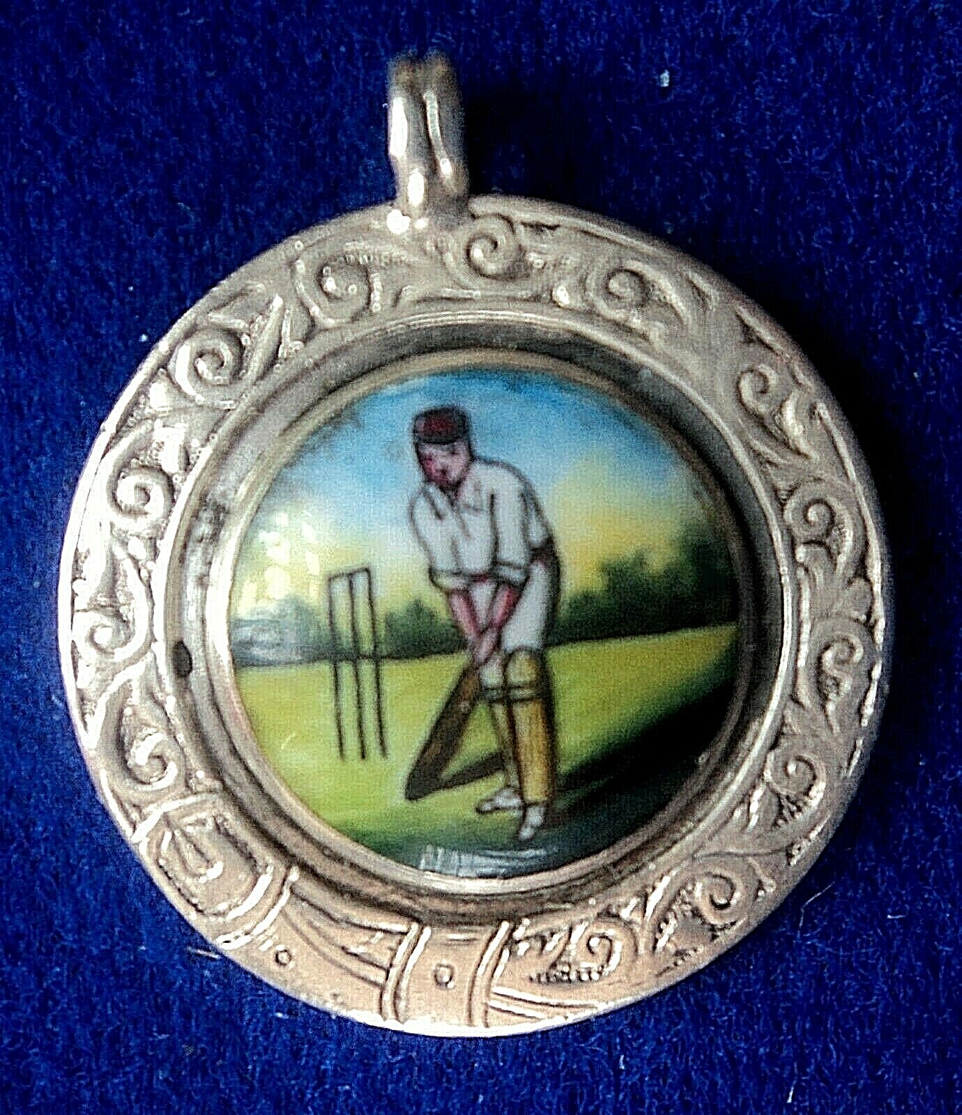 Attractive Sterling Silver Enamel Medal Fob  Cricket / Batsman hallmarked 1927