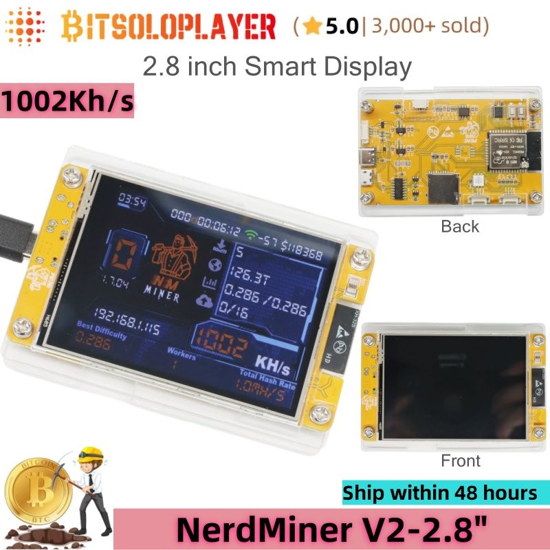 Upgraded NerdMiner V2 BTC Solo Miner Bitcoin Lottery Mining 2.8" Smart Display