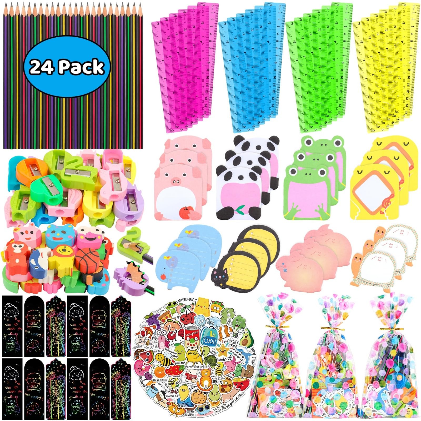 Stationery Party Favors, 24 Pack Birthday Goodie Bags for Kids with Pencils R...