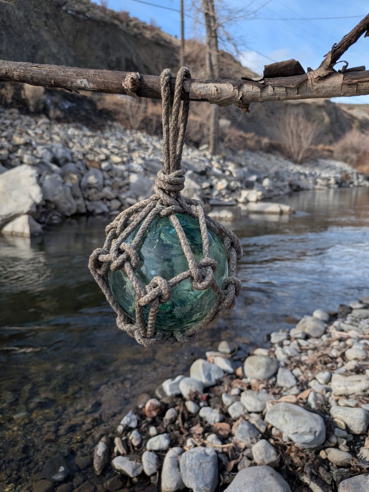 Vintage Japanese Glass Fishing Float 7″ Large Buoy w/ Original Rope Netting 