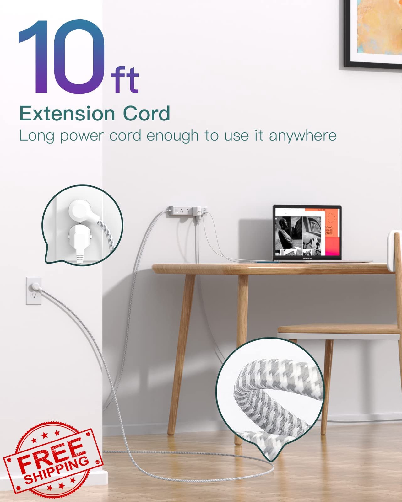 Surge Protector Power Strip 12 AC 3 USB, 10ft Flat Plug, 1050J, ETL Listed De...