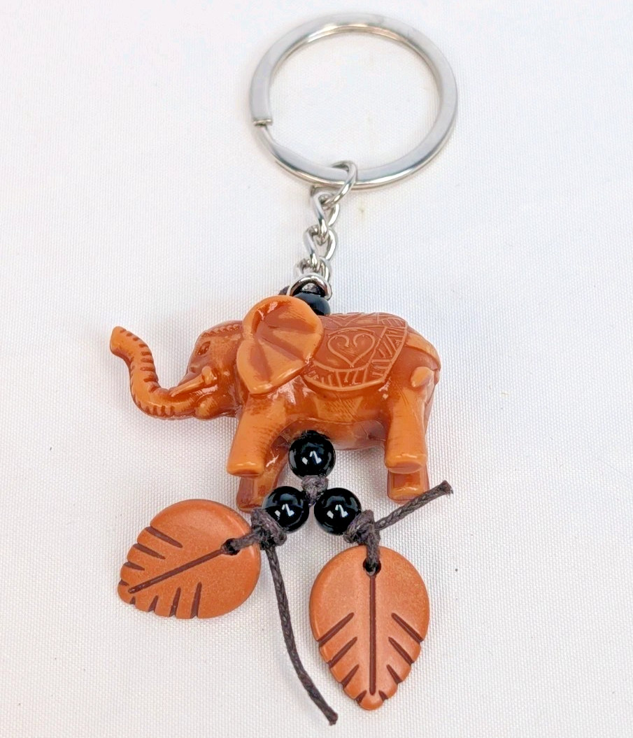 Lucky Elephant  Carved Resin & Wood Leaves Tassel Keychain Keyring 