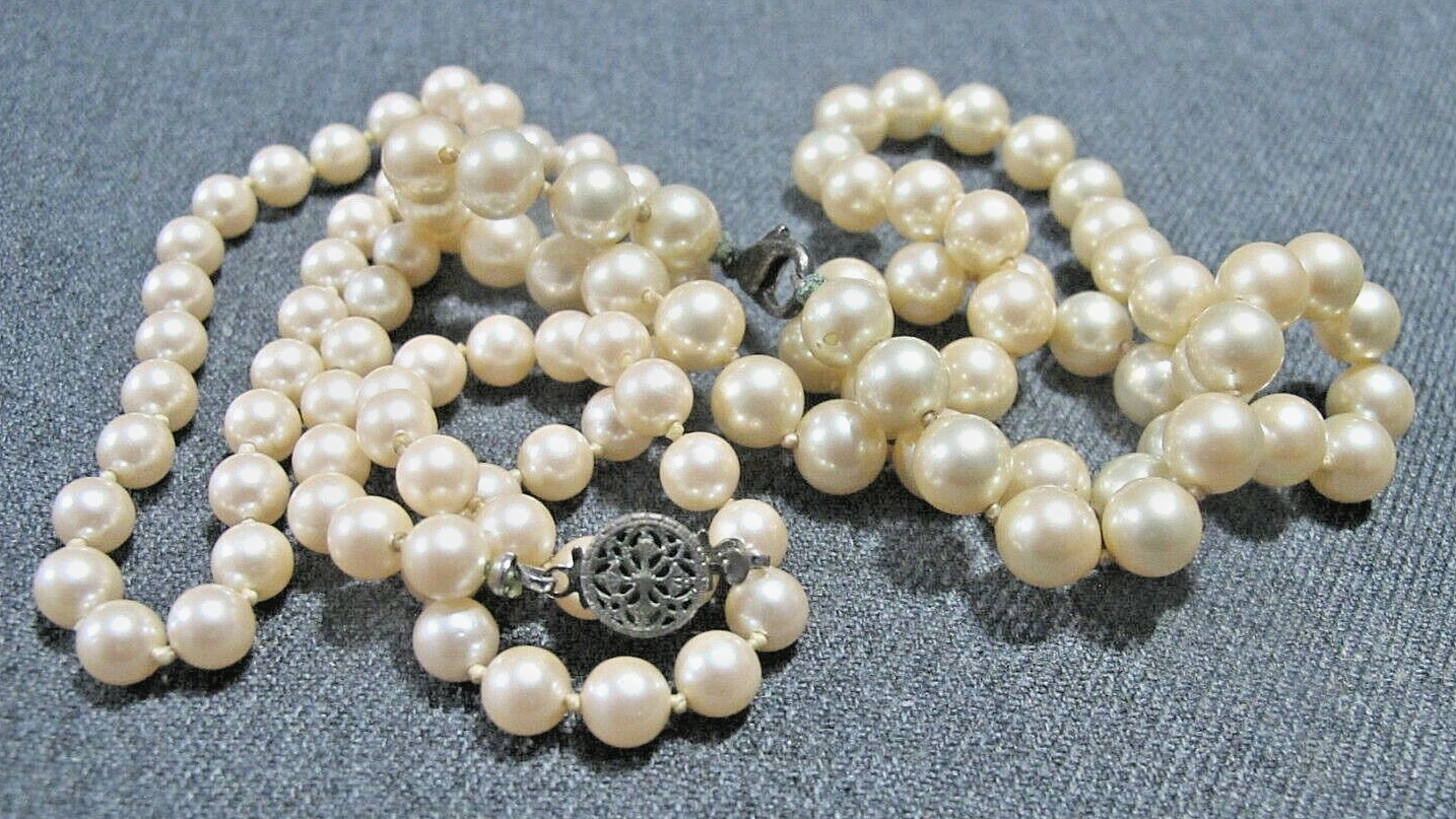 Vintage filigree + lobster clasp hand knotted faux pearls necklaces lot  #e