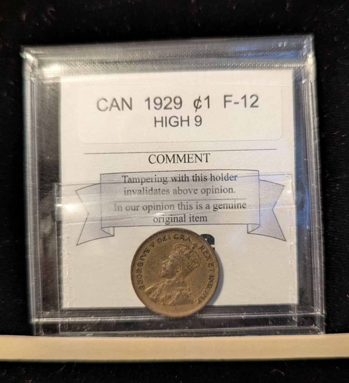 1929 High "9"  Coin Mart Graded Canadian, Small One Cent, **F-12**