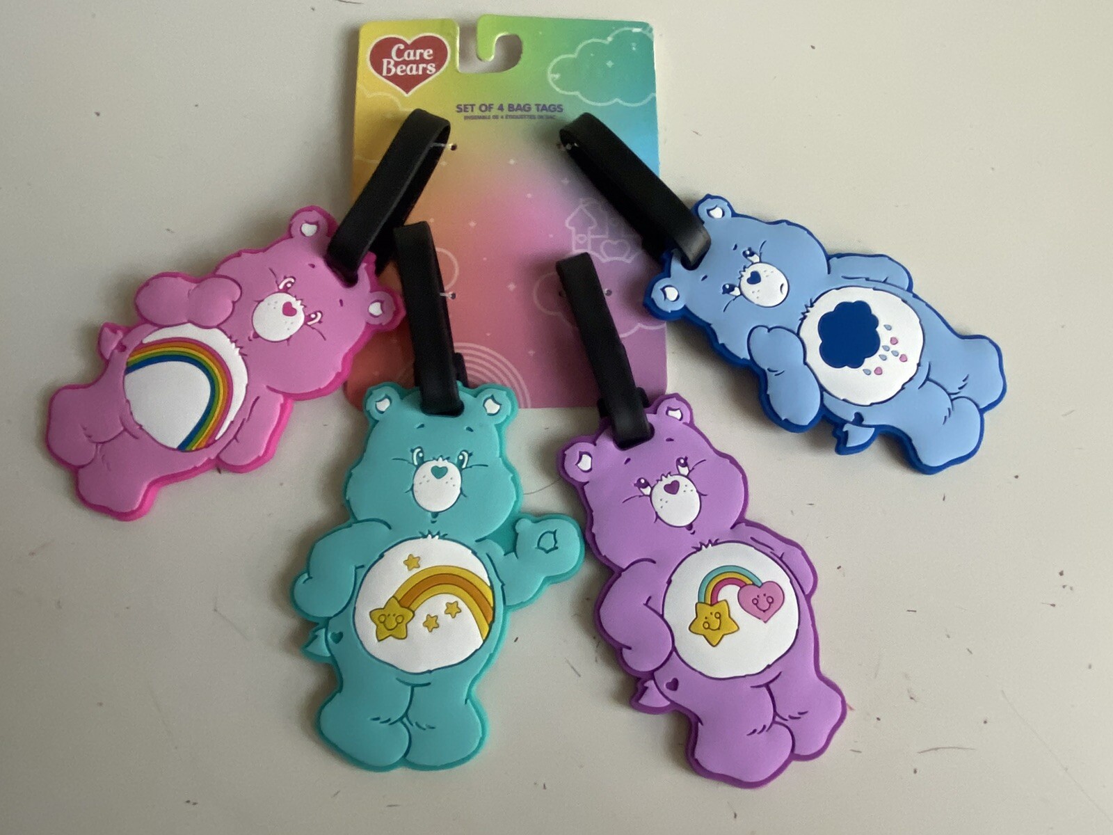 4 Pack Care Bears Luggage ID Bag Tags PINK BLUE PURPLE TURQUOISE NEW