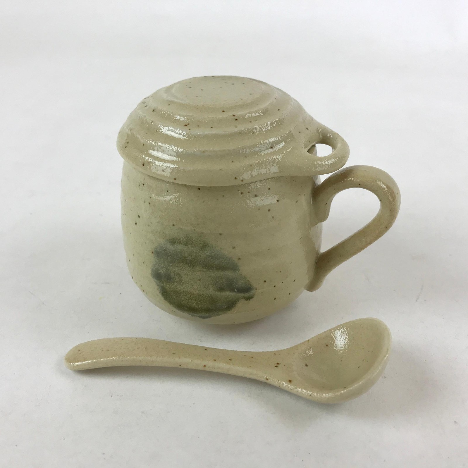 Japanese Ceramic Cup W/ Handle Lid Spoon Vtg Beige Green Condiment Box PY538