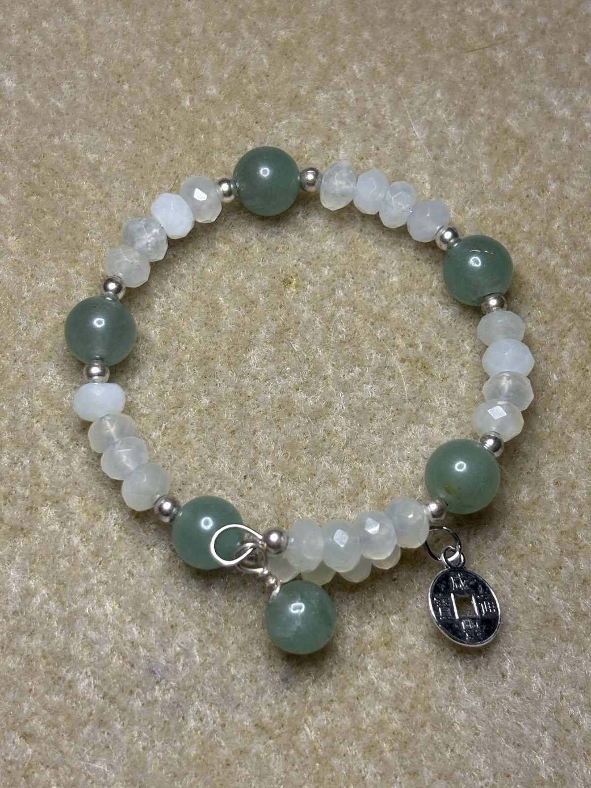  Green Aventurine Jade Memory Wire Bracelet Sterling Silver Luck Charm