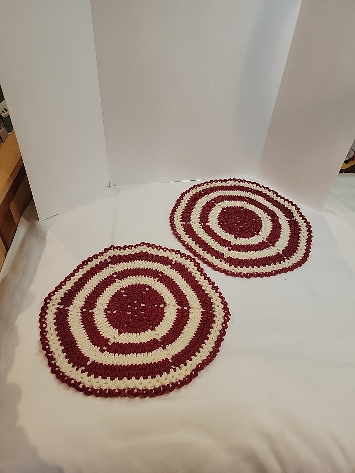 Vintage Handmade Crocheted round Ivory and Burgundy Doilies Set Of 2 17" matched