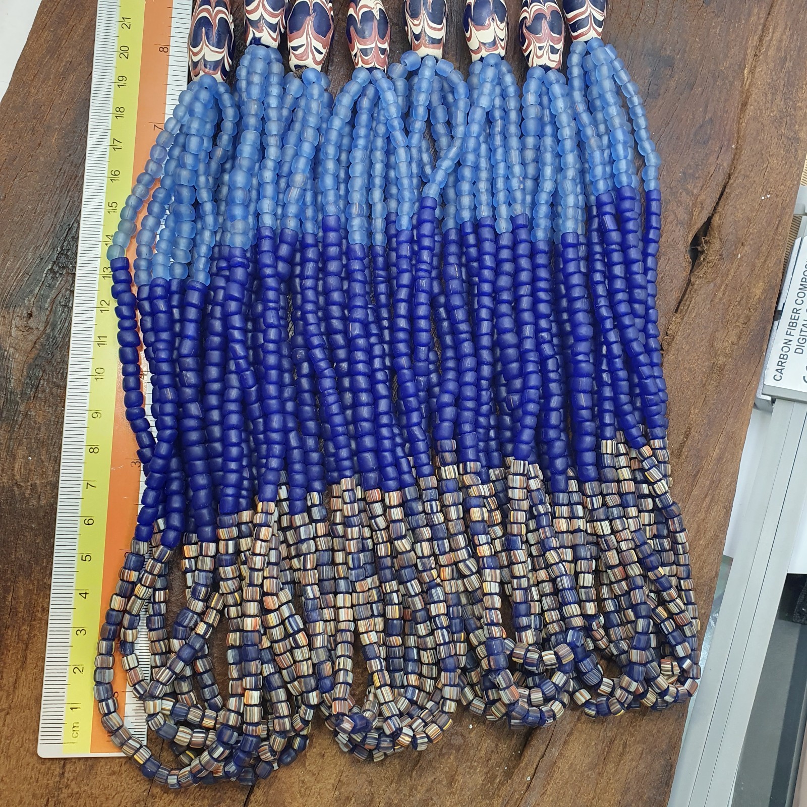 Blue African Trade Seed Beads Multi-Color Striped Strands Glass Feather Beads