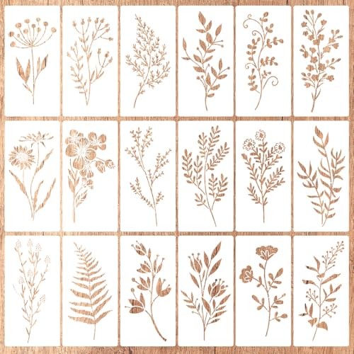 18pcs Wildflower Stencils for Painting, Leaves and Flower Stencil M, white 