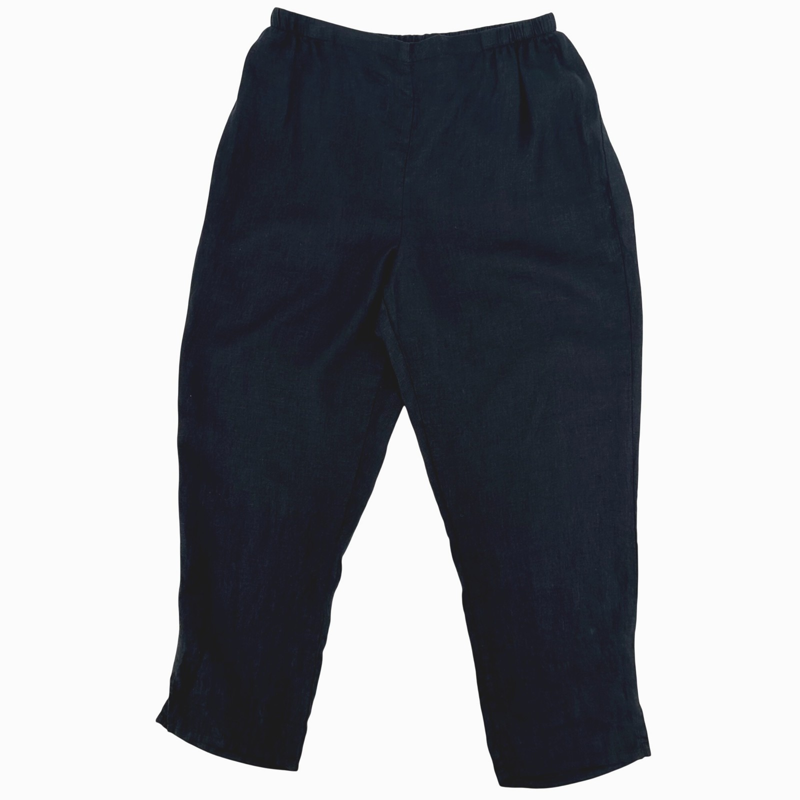 NWOT Flax Womens Black Linen Cropped Pants M Elastic Waist Relaxed Fit 