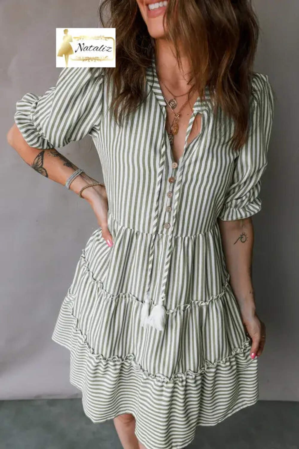 Green Stripe Tasseled Tie Neck Ruffled Short Sleeve Tiered Flattering Dress