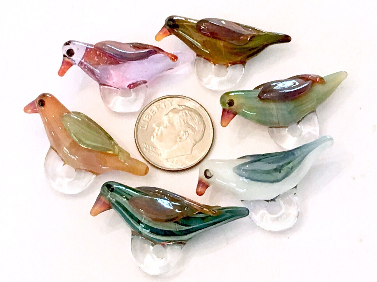 FIVE (5) ~ Multi-colored ~ Handmade Lampwork ~ Art Glass ~ Bird Beads ~ w/ Loop