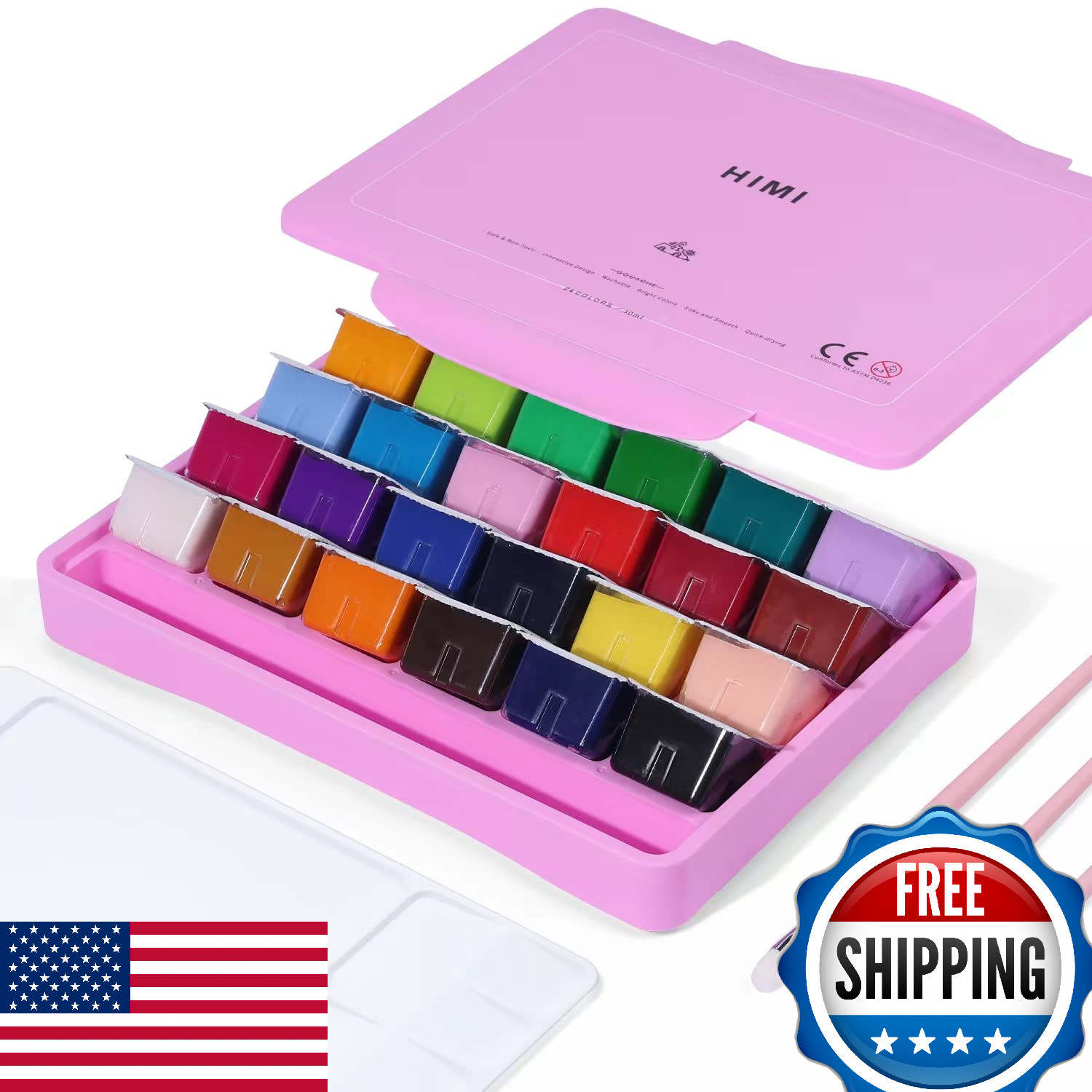 ARTME 24 Colors x 30ml Gouache Paint Set with 3 Paint Brushes and a Palette in a