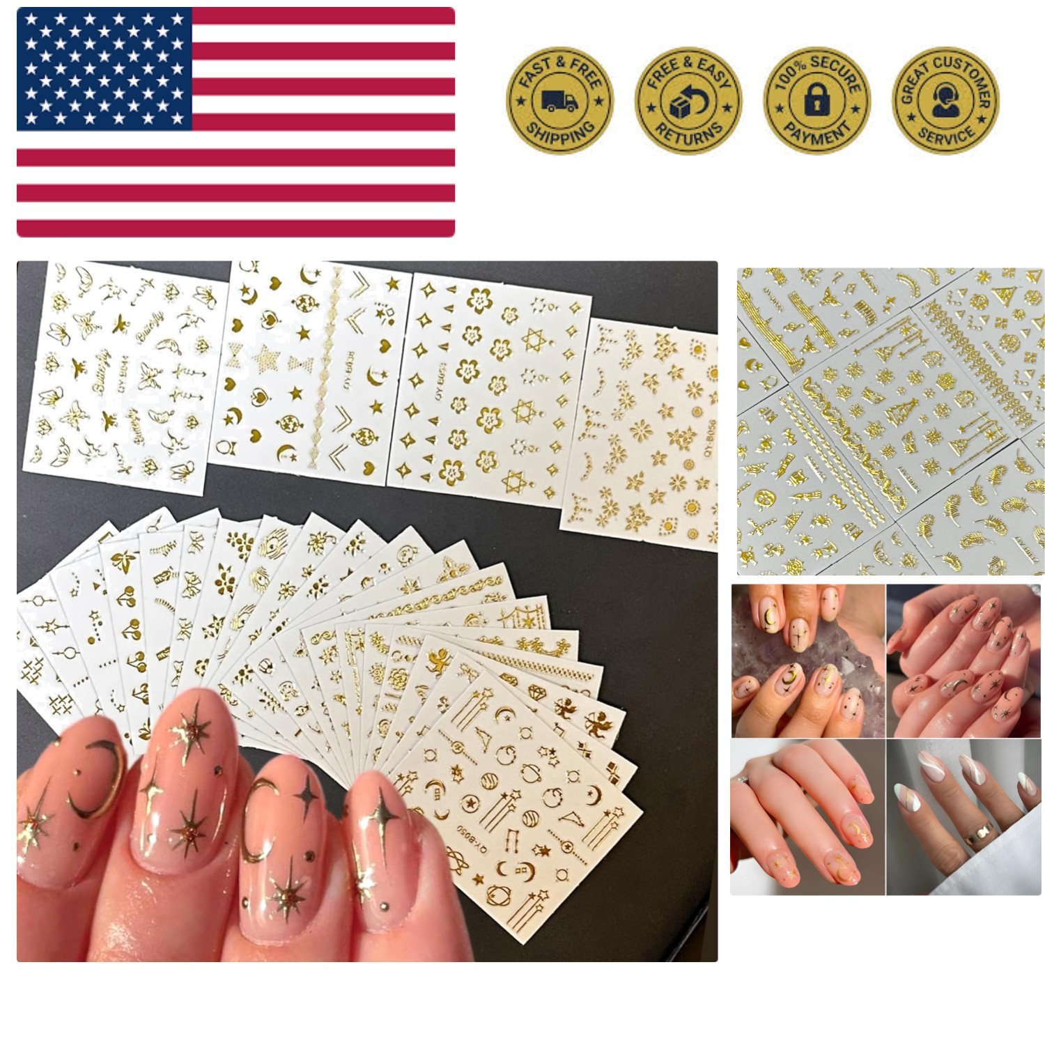 30 Sheets Gold Nail Art Stickers Gold Flower Butterfly Nail Stickers Star Lin...