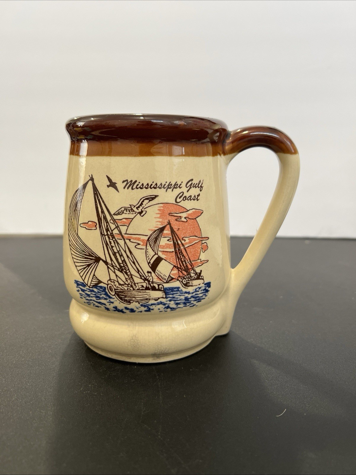 Vintage BIG MUG Mississippi Gulf Coast Seagull Ships Ocean Sunset