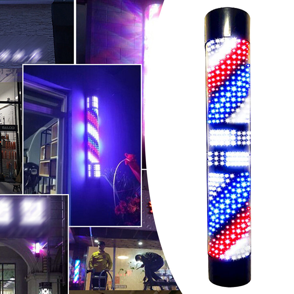 Barber Pole LED Light Red White Blue Stripes Rotating Hair Salon Shop Sign