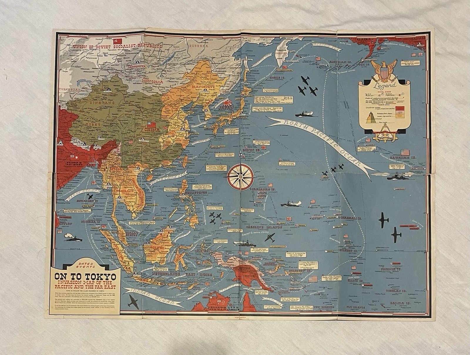 1944 ON TO TOKYO Invasion Map of the Pacific and the Far East-Double Sided Paper