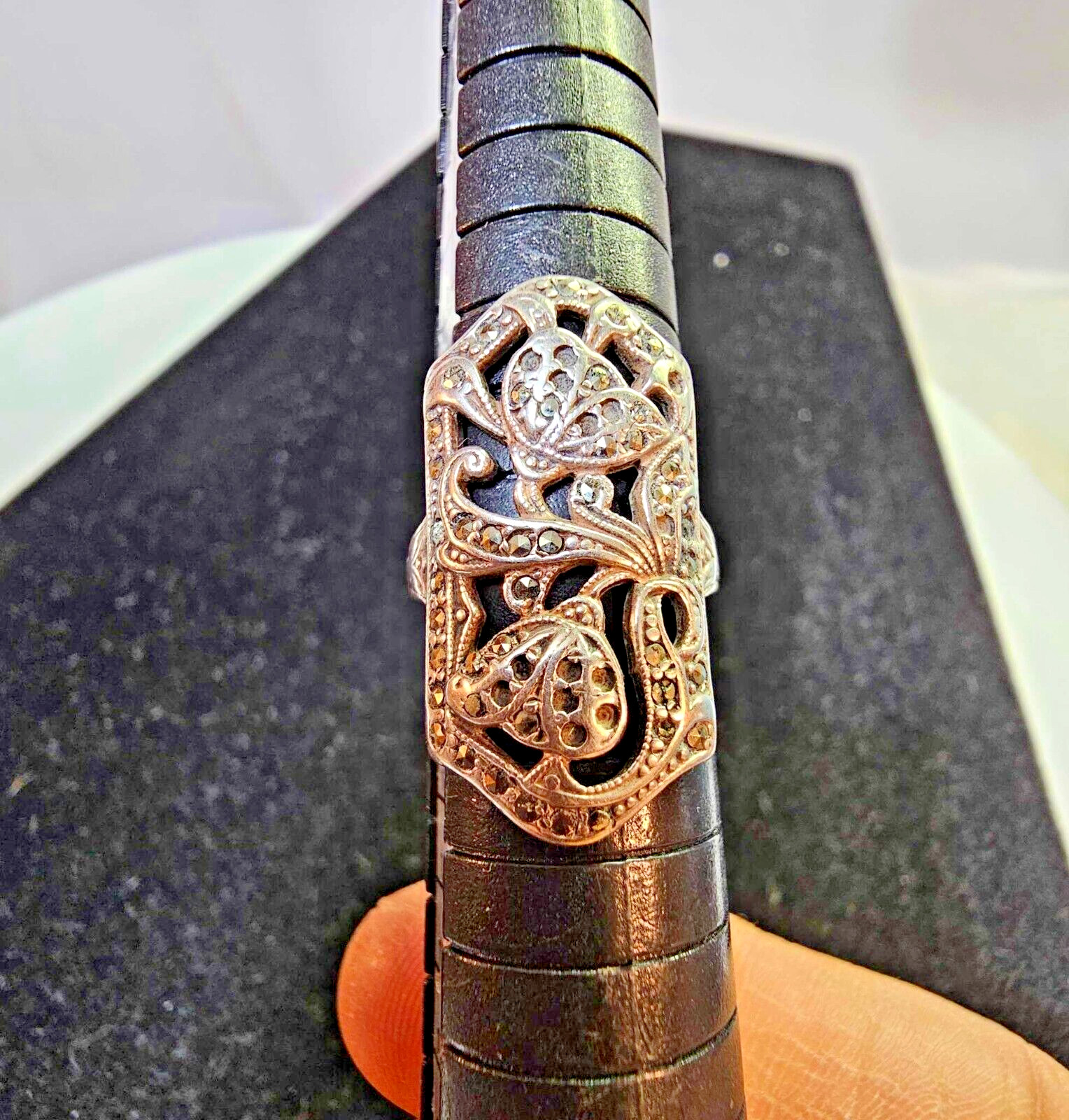 Sterling Silver Ring Sz 6 w/ Flower /Butterfly Shaped w Marcasite -Tested- READ