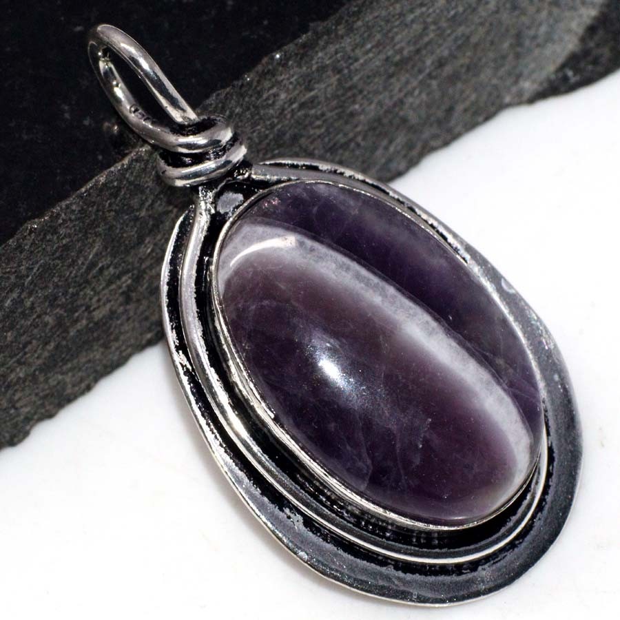 925 Silver Plated Chevron Amethyst Ethnic Pendant Jewelry Size 1.8" MJ