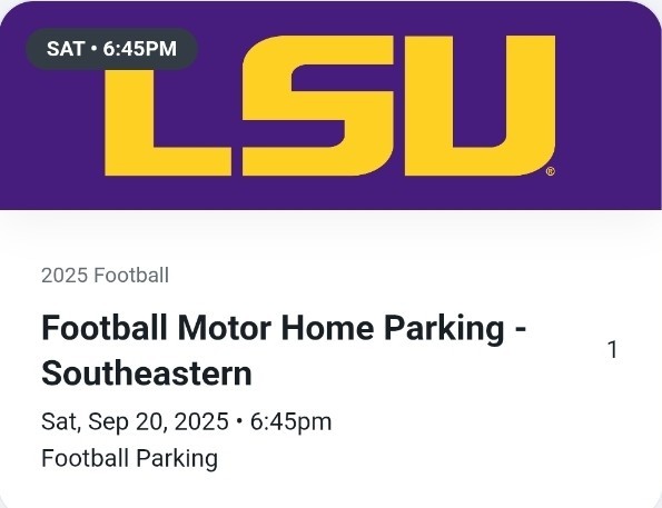 LSU Football Motor Home Parking Pass Southeastern Vs. LSU