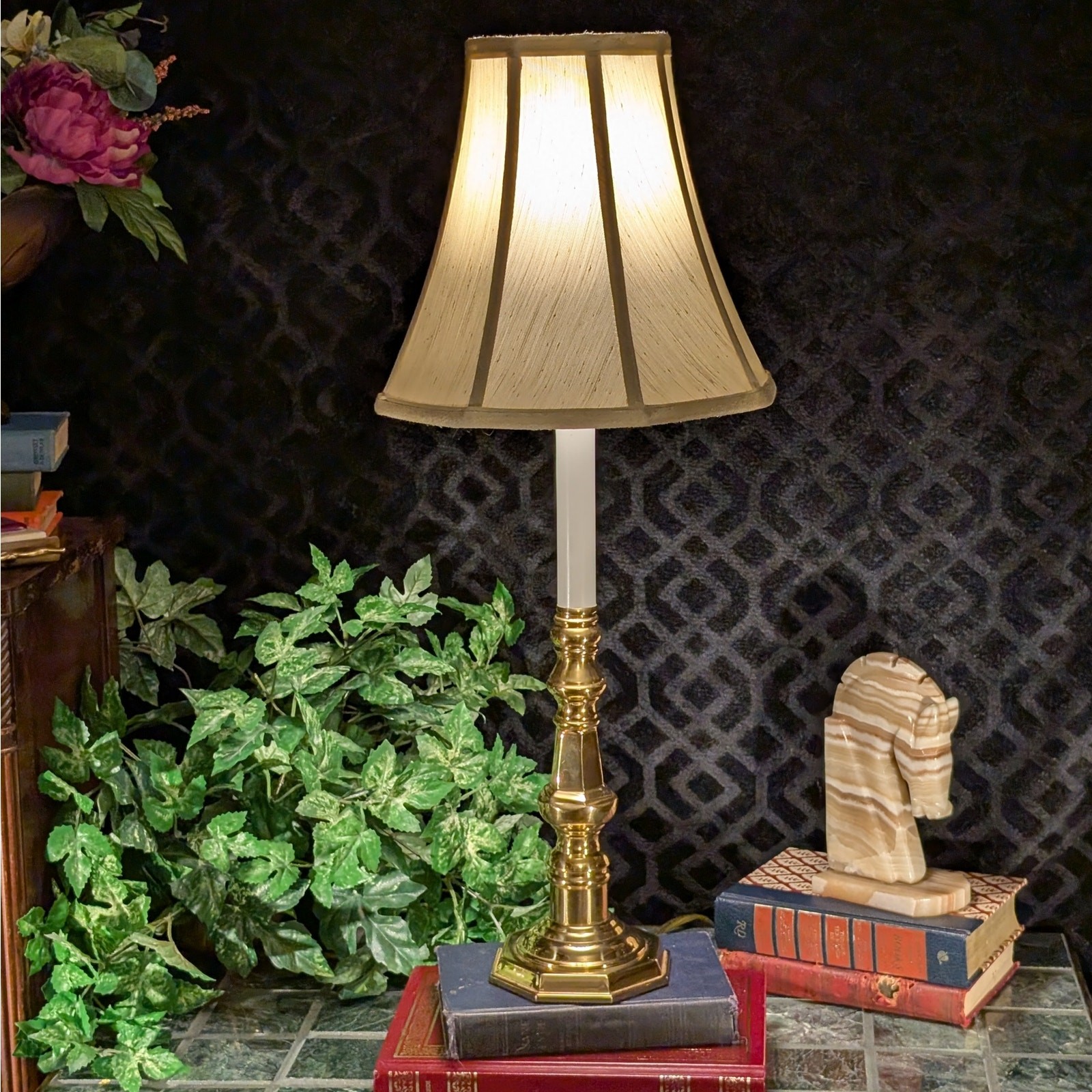 Vintage Brass Candlestick Table Lamp w Silk Shade Library Classic Traditional