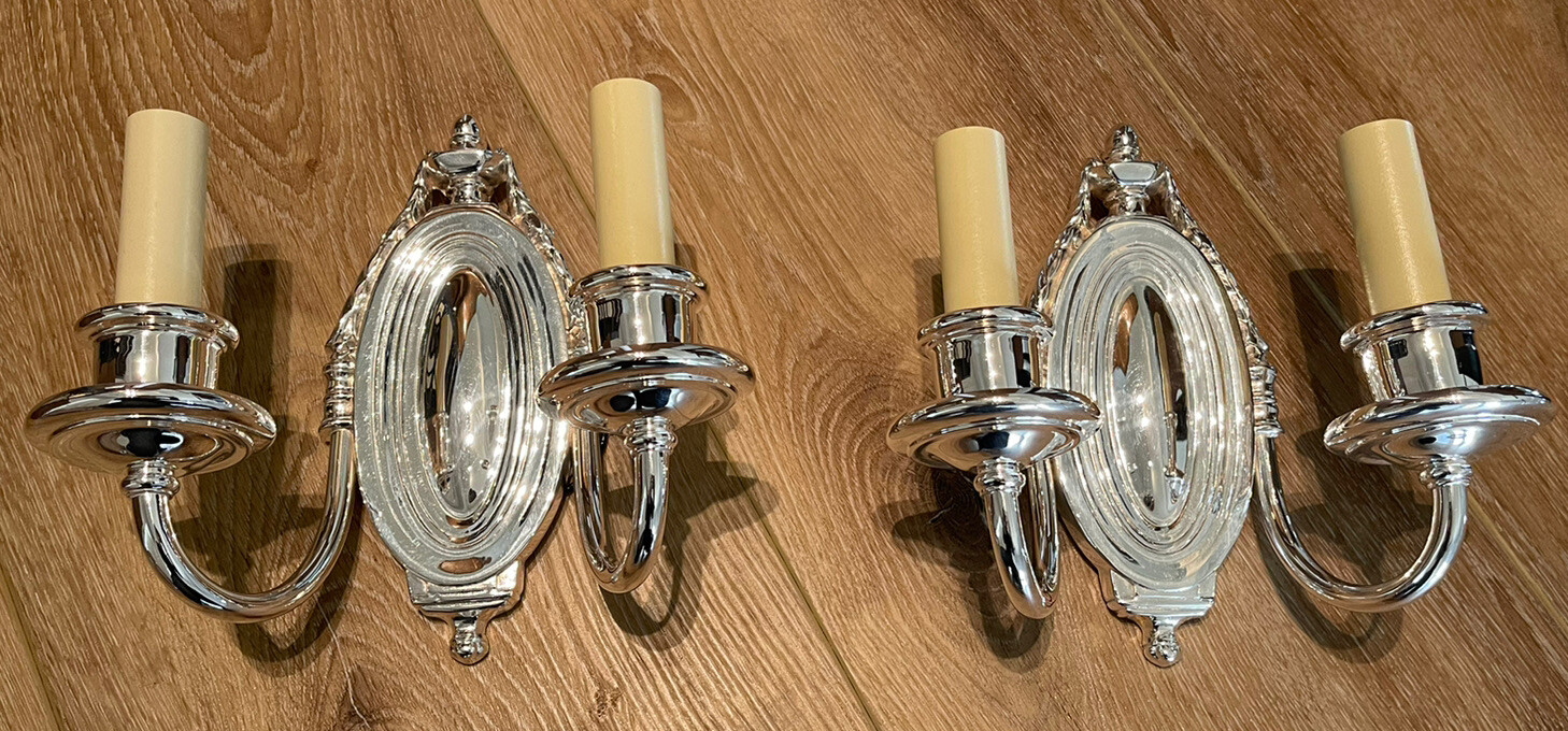 Antique Silver Plated Sconces Pair Restored In The Style Of Caldwell