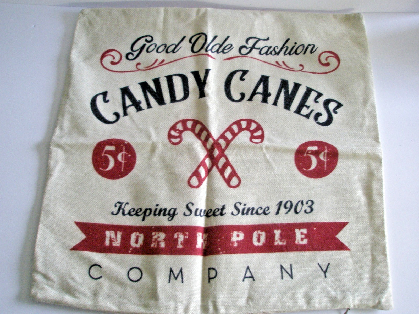 Linen Pillow Cover Candy Canes Christmas Zips North Pole 17.5" by 17.5"