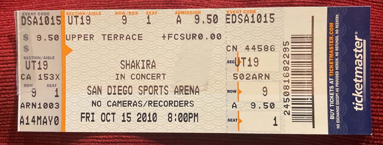 Shakira Concert Ticket Stub 10/15/10 San Diego, Sun Comes Out World Tour
