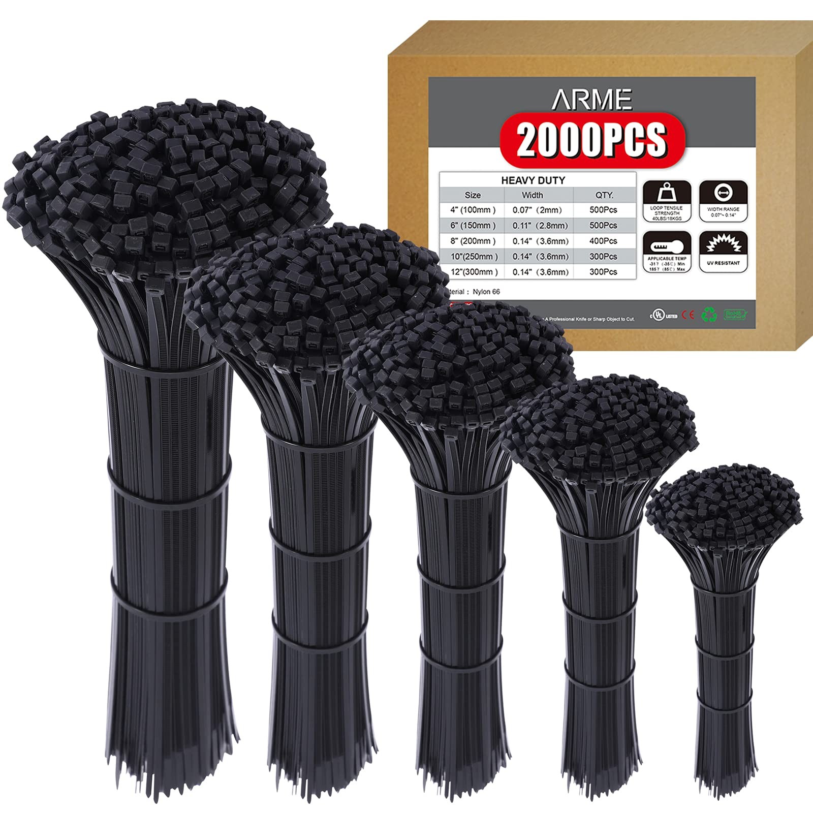 Heavy Duty Zip Ties，2000 QTY/Pack Black Cable Zip Ties, Cable Zip Ties Nylon ...