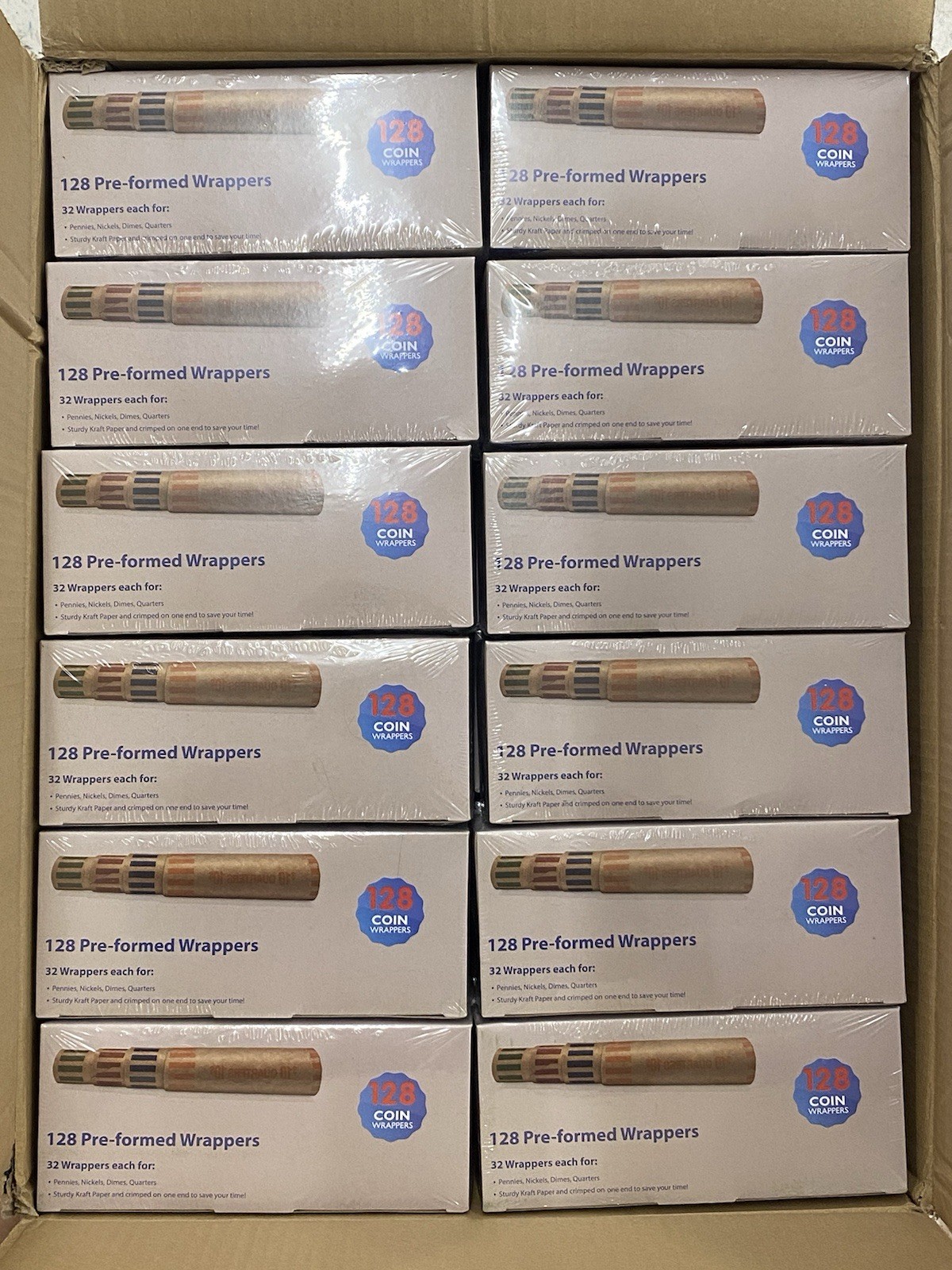 New Assorted Preformed Coin Wrappers 48 Box Lot 6,144 total Wrapping Tubes