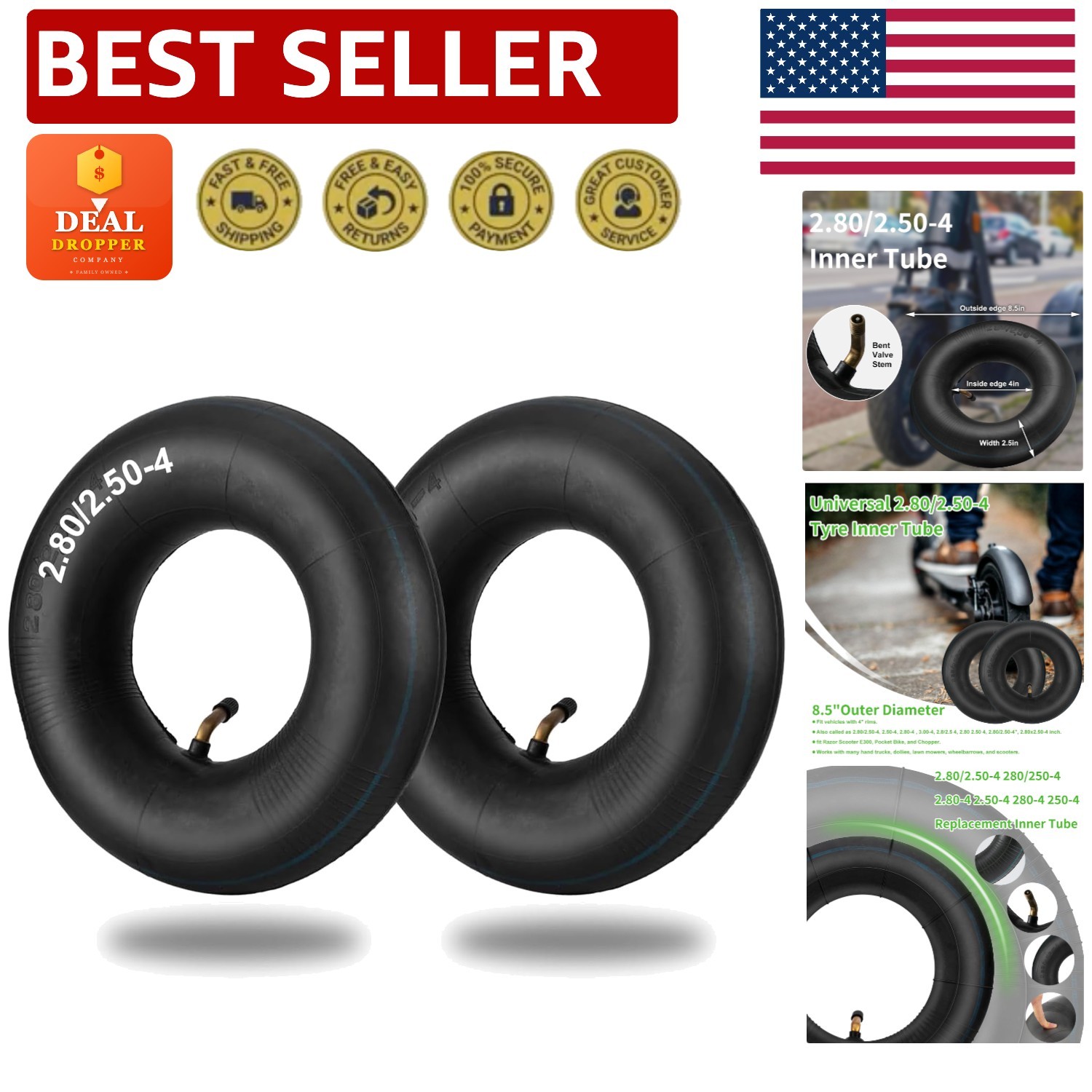2 Pack 2.80/2.50-4 Heavy Duty Inner Tubes with Bent Valve for Quick Replacement