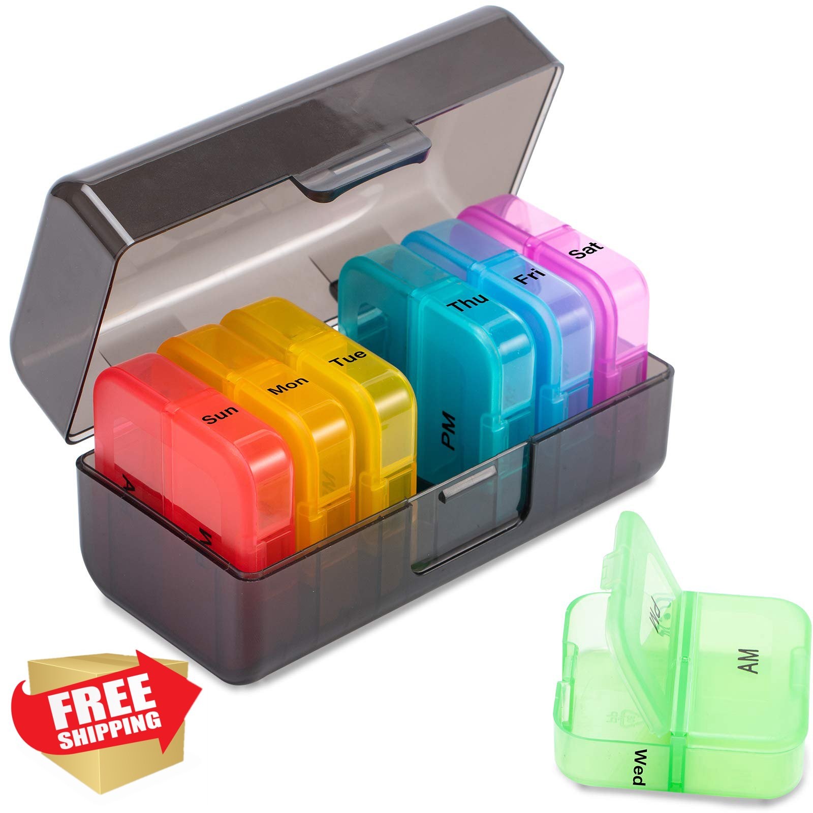 Zoksi Weekly Pill Organizer Black 7 Day 2 Times Daily AM PM