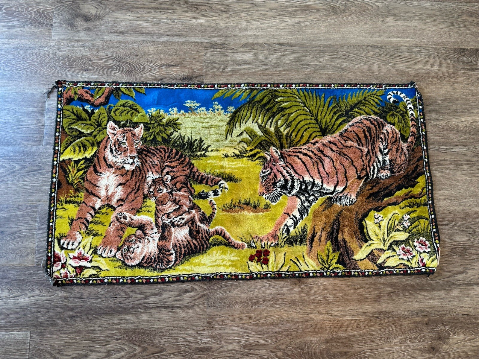 Vintage Tiger Family Tapestry Wall Hanging 1970's  37” X 20”
