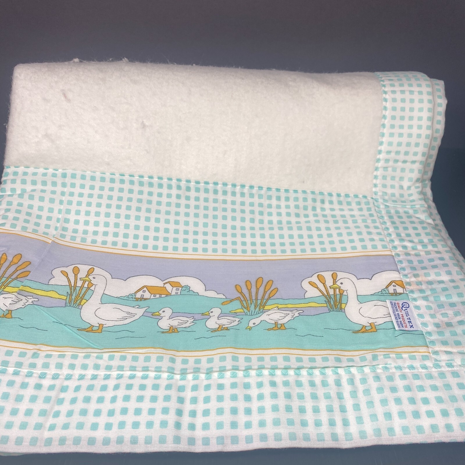 Vintage Quiltex Acrylic White Thermal Baby Blanket Geese Ducks Green Square Trim