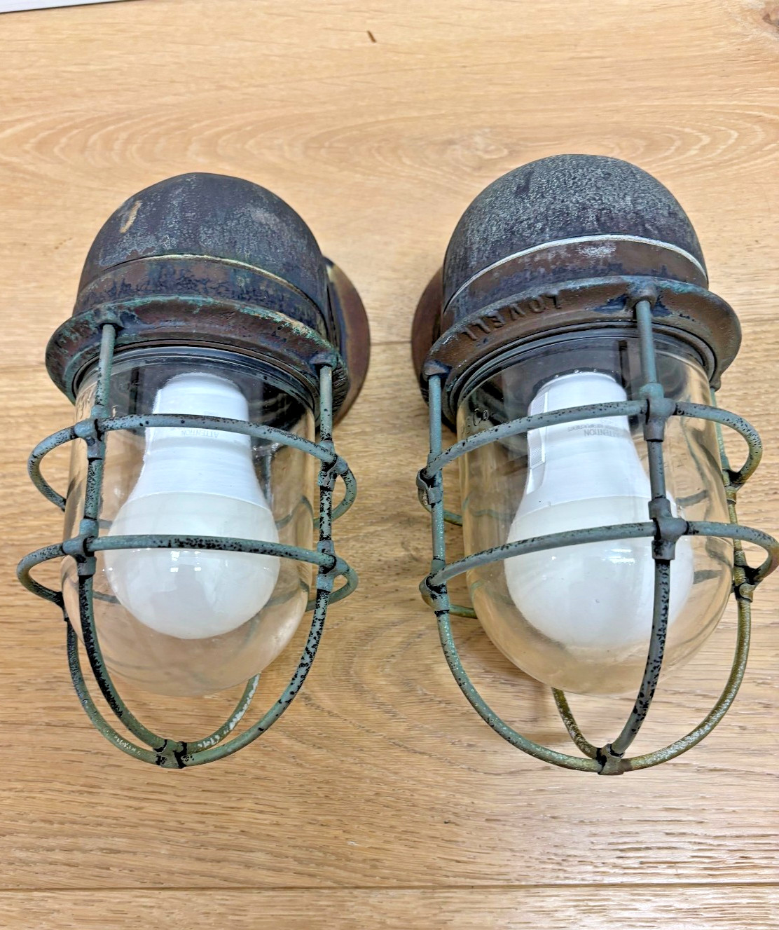Vintage Pair R&S Co NY Marine Bulkhead Lights Ship Passageway Cage Nautical