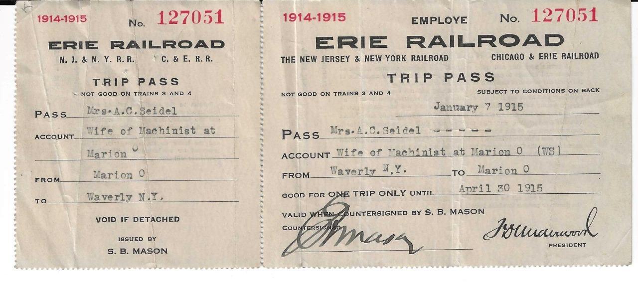 Antique Erie Railroad Trip Pass Employee 1915 Ticket Wife Mason Train W/Stub EUC