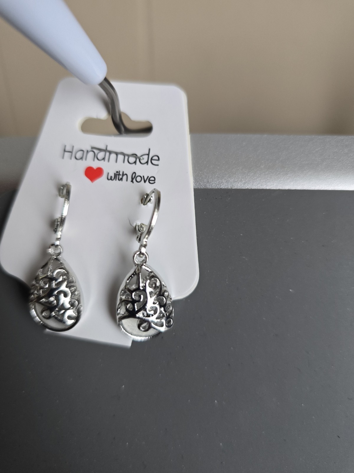 Handmade with love Dangle Drop Earrings Silver Tone Teardrop Leverback