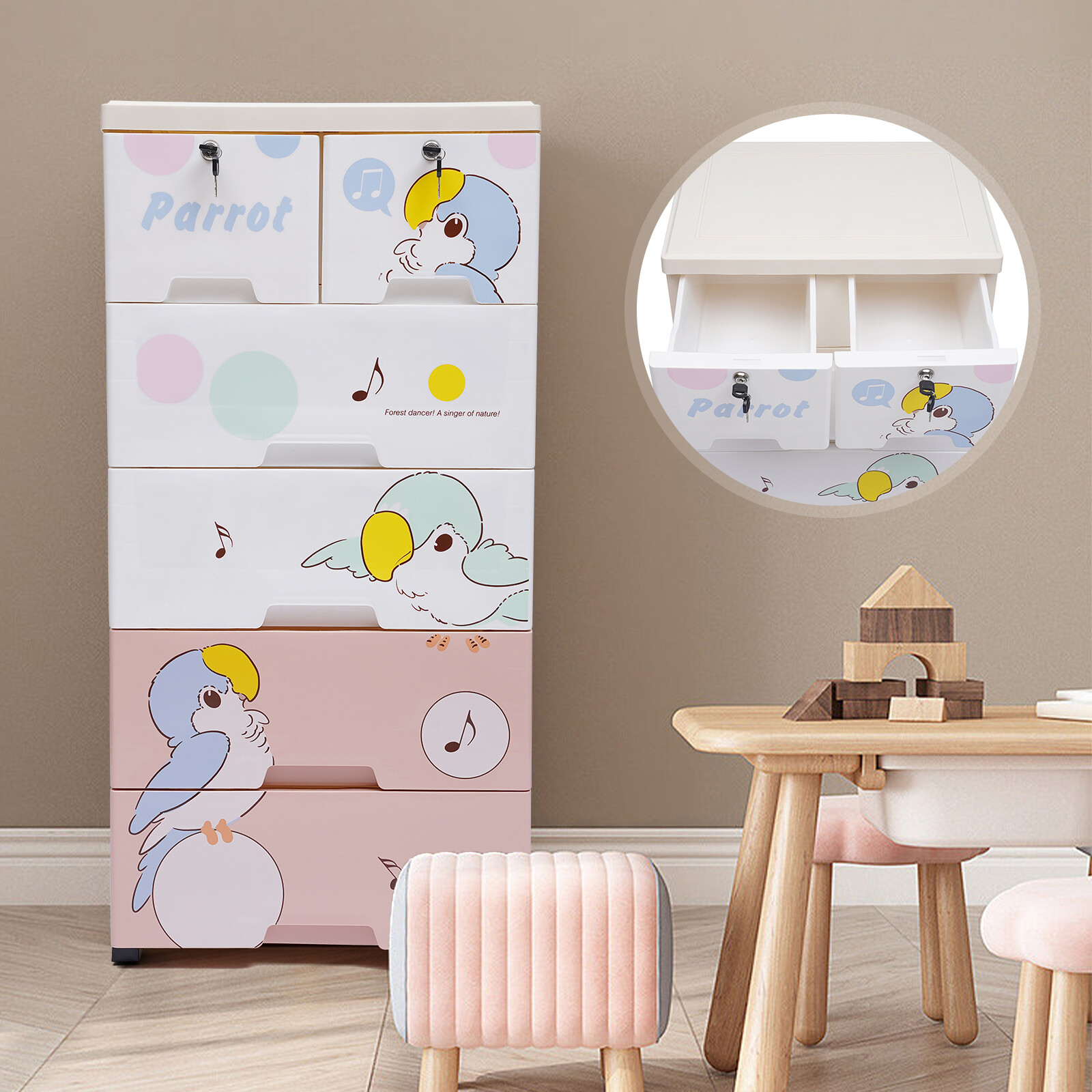 Modern Rolling Parrot Plastic Dresser Storage Cabinet 5 Layers & 6 Drawer w/Lock